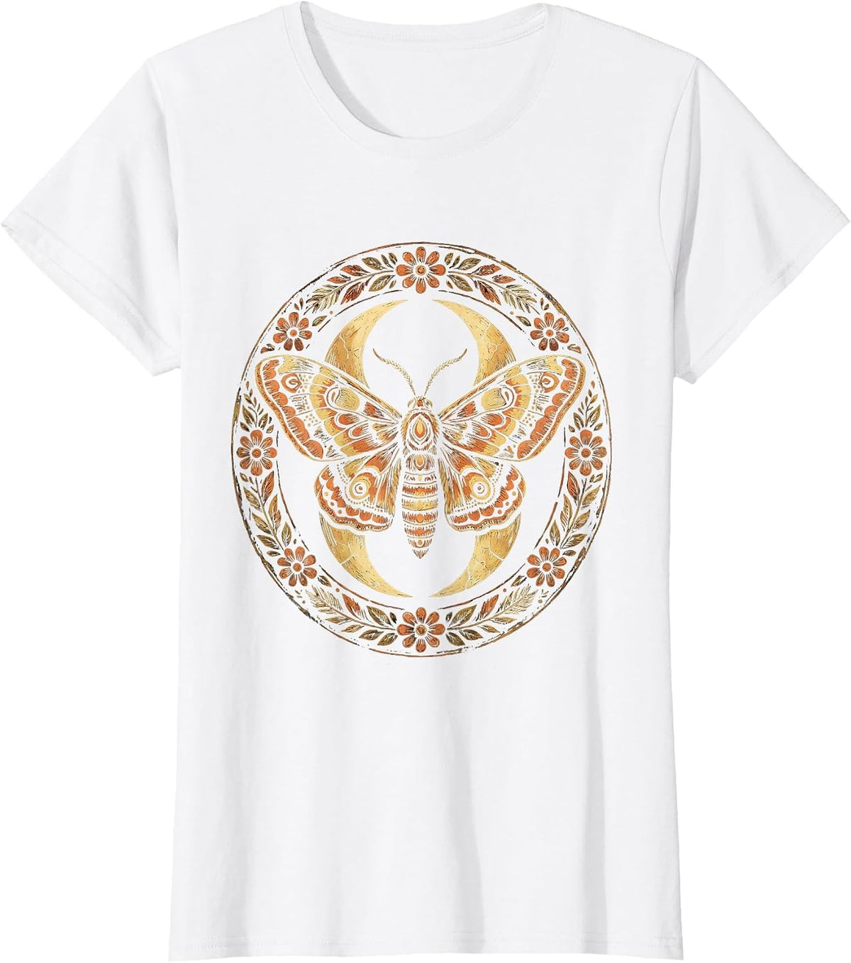 Crescent Moon Moth Western Boho Graphic Design T-Shirt - White