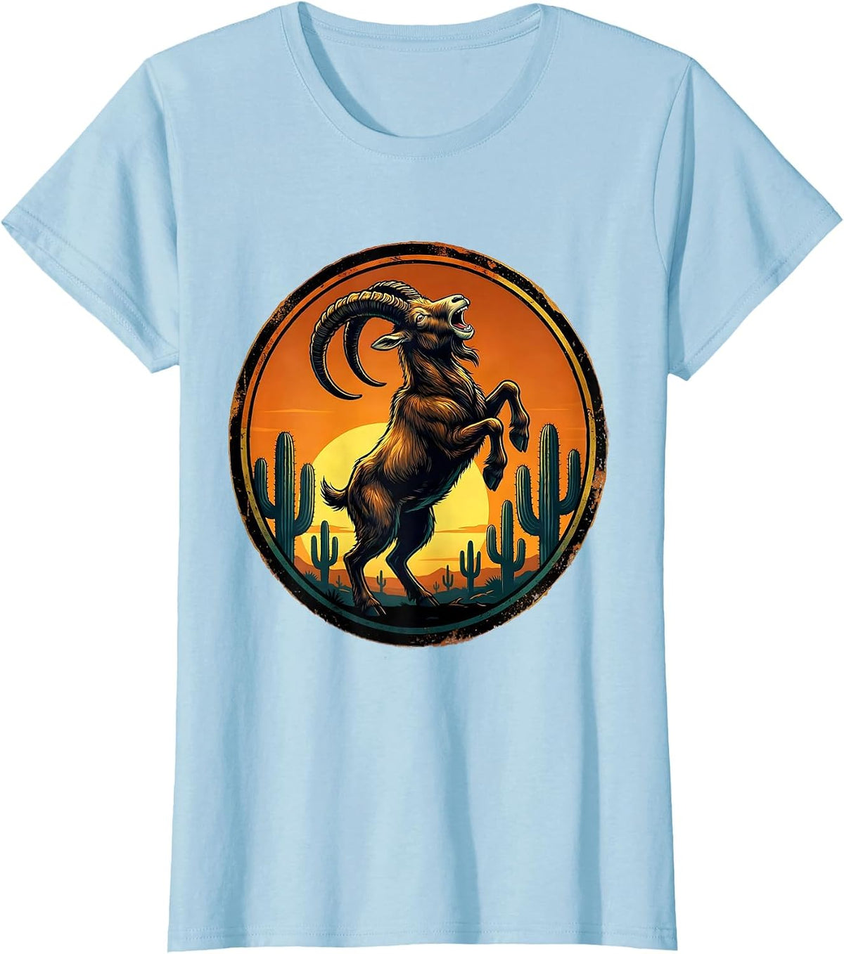 Women's Wild Goat Howling at Desert Sunset Sky T-Shirt - Baby Blue