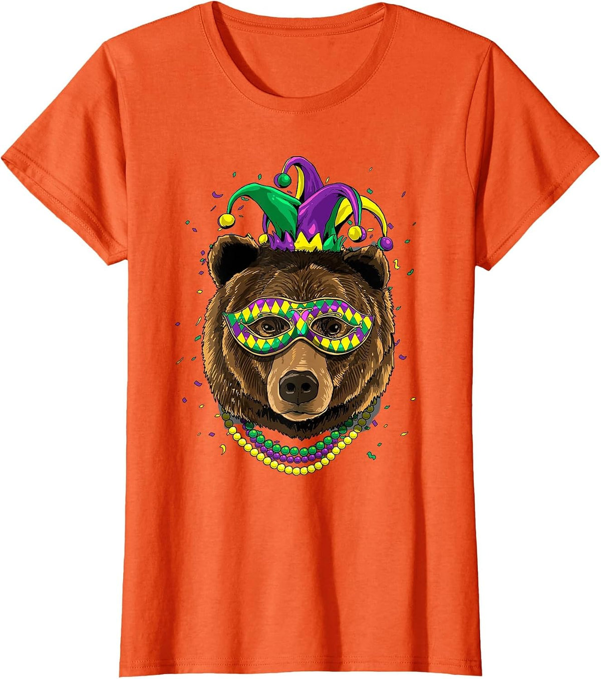 Bear Animal Lover Cute Mardi Gras Carnival Jester T-Shirt, Women, Orange, X-Small - As Pictured