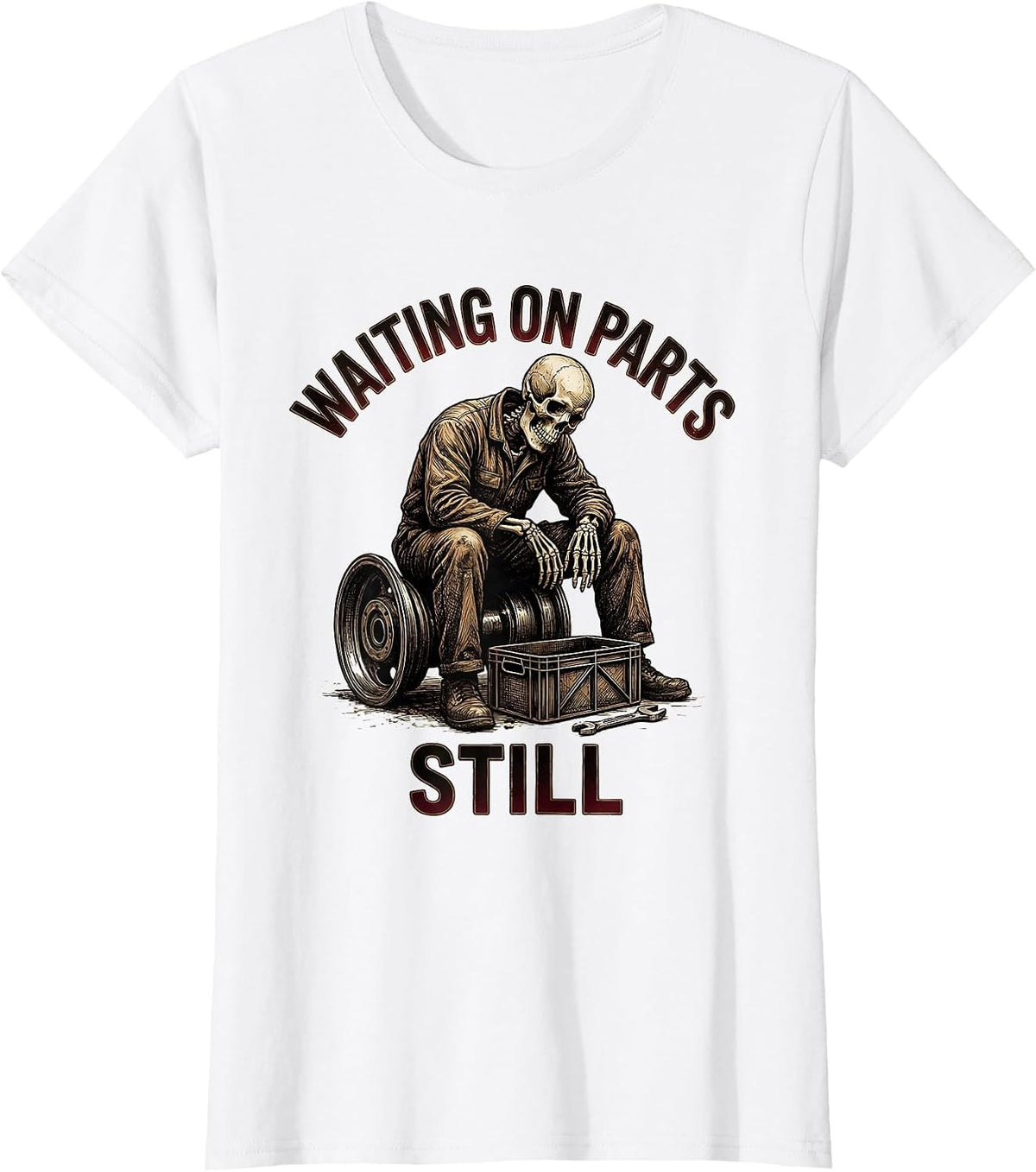 Waiting On Parts Still Funny Mechanic Skeleton Auto Repair T-Shirt - White