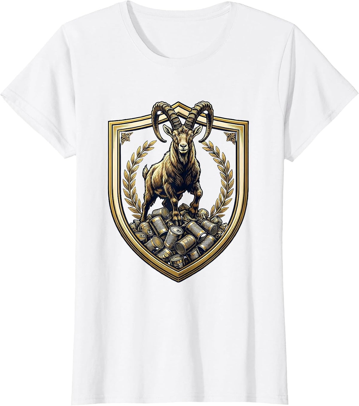 Women's Goat Standing on Crushed Tin Cans Illustration T-Shirt - White