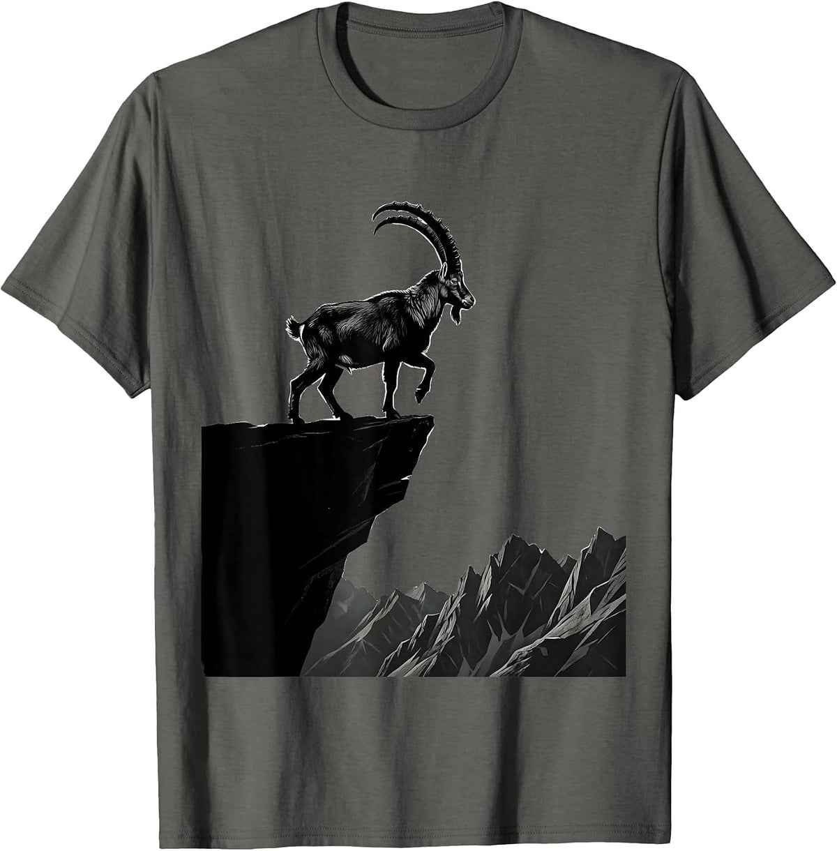 Men's Mountain Goat Cliff Edge Wildlife Illustration T-Shirt - Asphalt Grey
