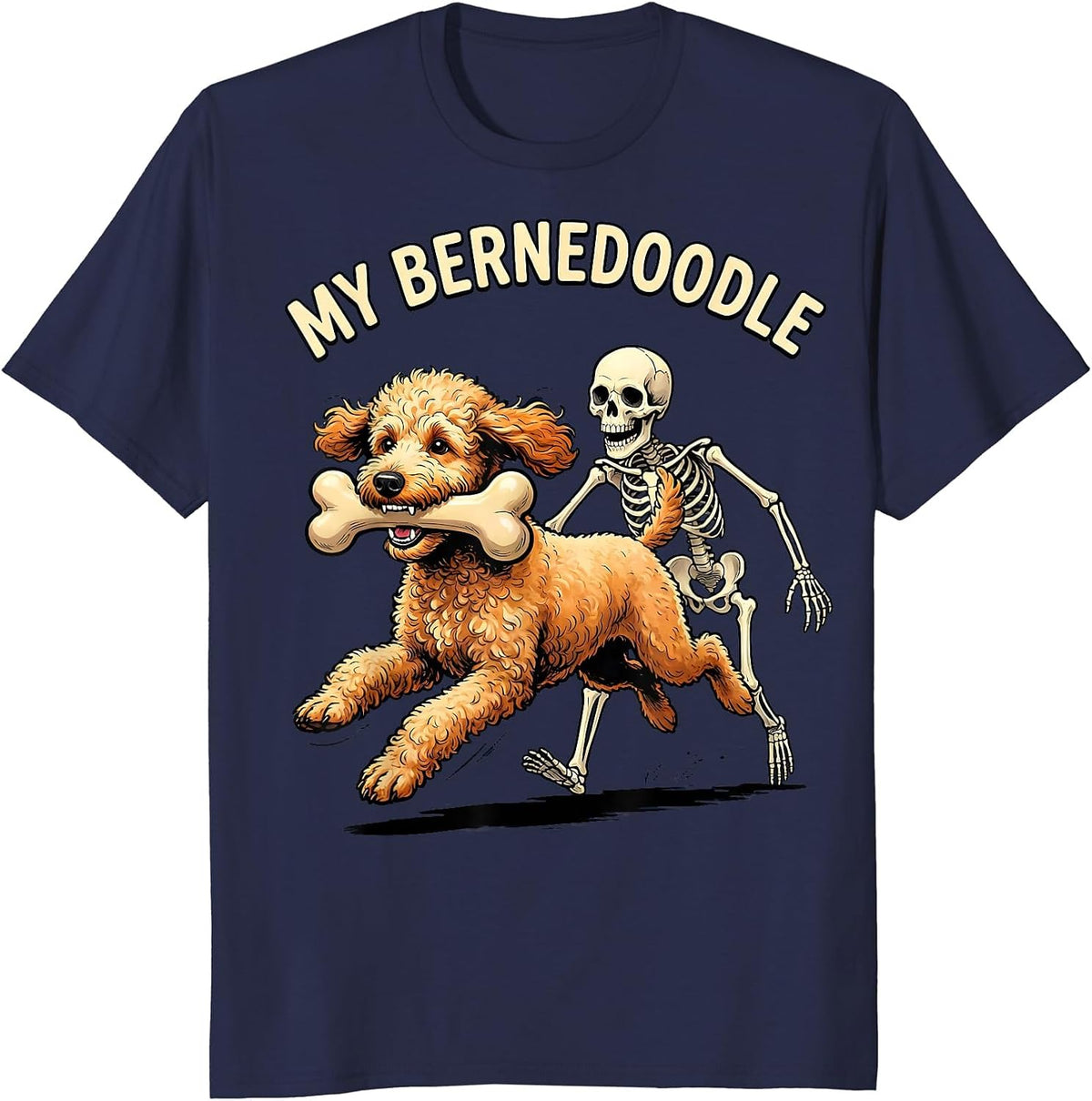 MY BERNEDOODLE Funny Skeleton Chasing Halloween Dog Mom Pet T-Shirt - Navy Blue