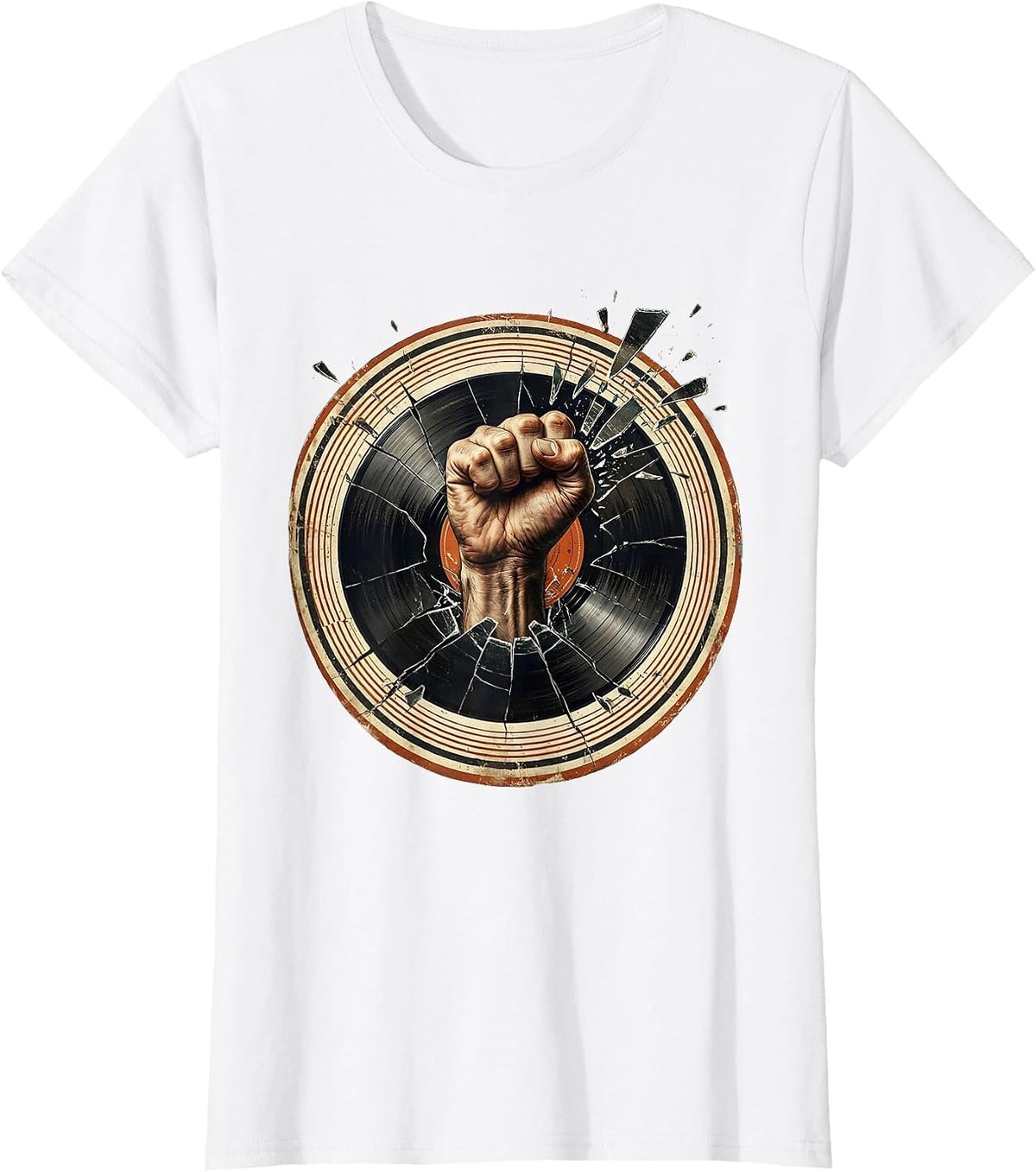 Rock Fist Punching Through Vinyl Record Graphic T-Shirt - White