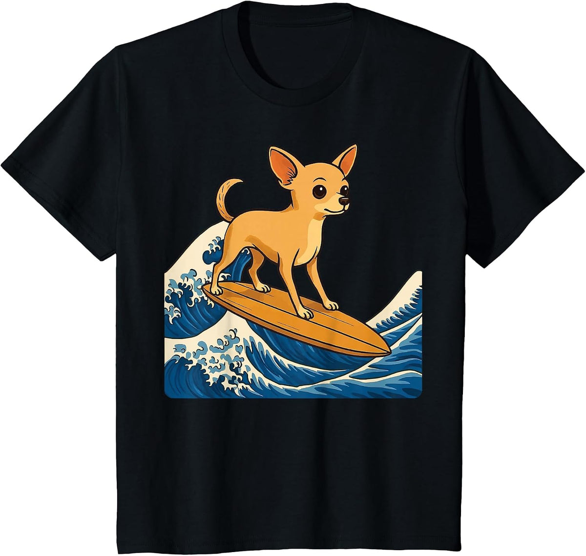 Chihuahua Surfing Japanese Wave T-Shirt - Black