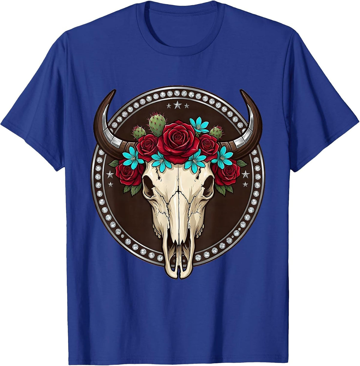 Men's Buffalo Skull Desert Flowers Western Boho Graphic T-Shirt - Royal Blue