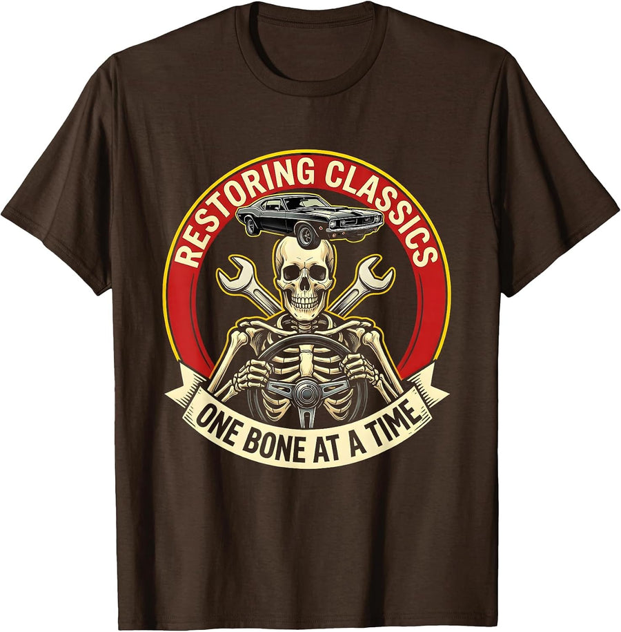 Restoring Classics, One Bone At A Time Skeleton Mechanic T-Shirt - Brown