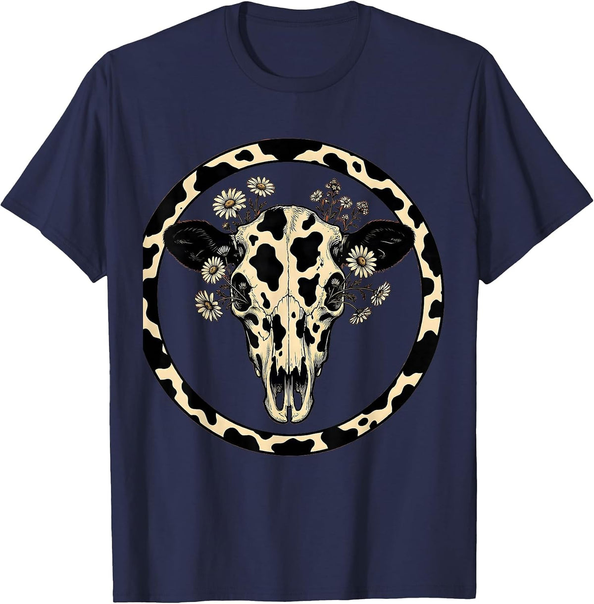 Men's Cow Skull Wildflowers Boho Western Floral Illustration T-Shirt - Navy Blue