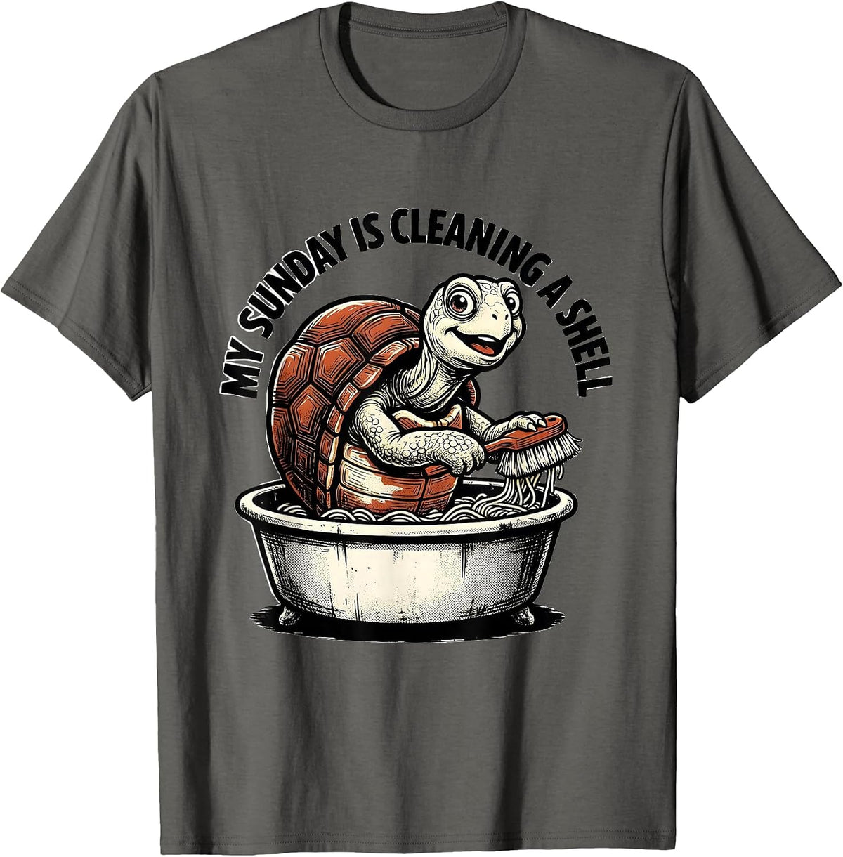 Men's My Sunday Is Cleaning A Shell Retro Cartoon Turtle Lover T-Shirt - Asphalt Grey