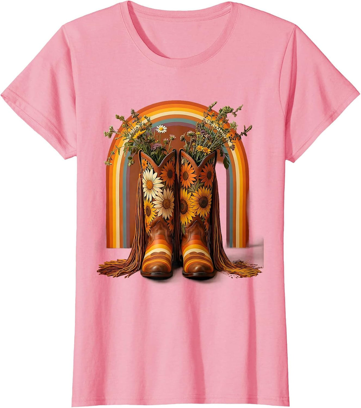 Women's Cowgirl Boots Wildflowers and Fringe Western Design T-Shirt - Pink