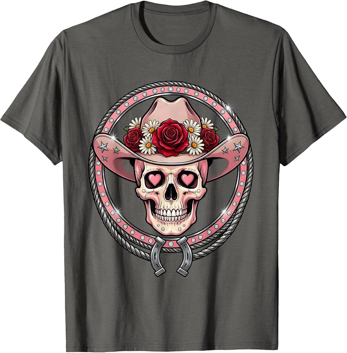 Floral Cowboy Hat Skull Western Design T-Shirt - Asphalt Grey