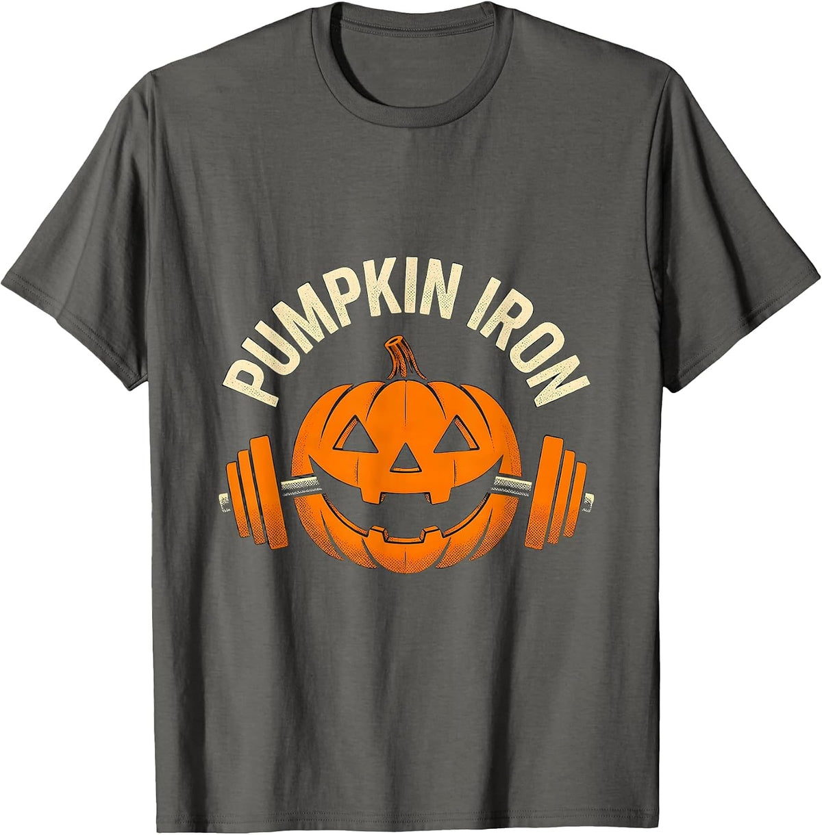 Men's Pumpkin Iron Halloween Gym Workout Lifting Pun Funny T-Shirt - Asphalt Grey