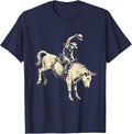 White Cowgirl Riding Bucking Bronco Rodeo Art T-Shirt - Navy Blue