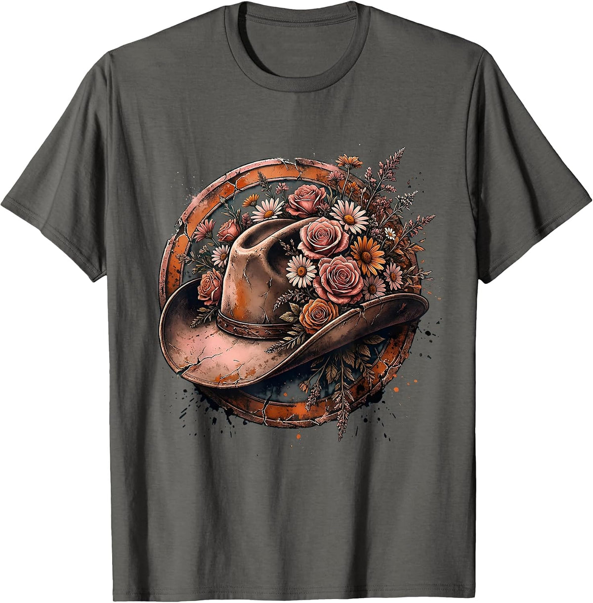 Floral Cowboy Hat Boho Western Wildflower Design T-Shirt - Asphalt Grey