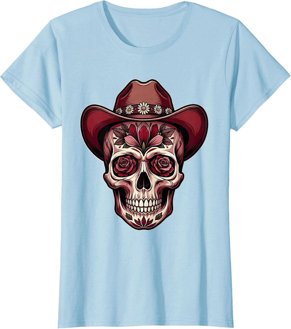 Women's Floral Skull Cowboy Hat Western Graphic Design T-Shirt - Baby Blue