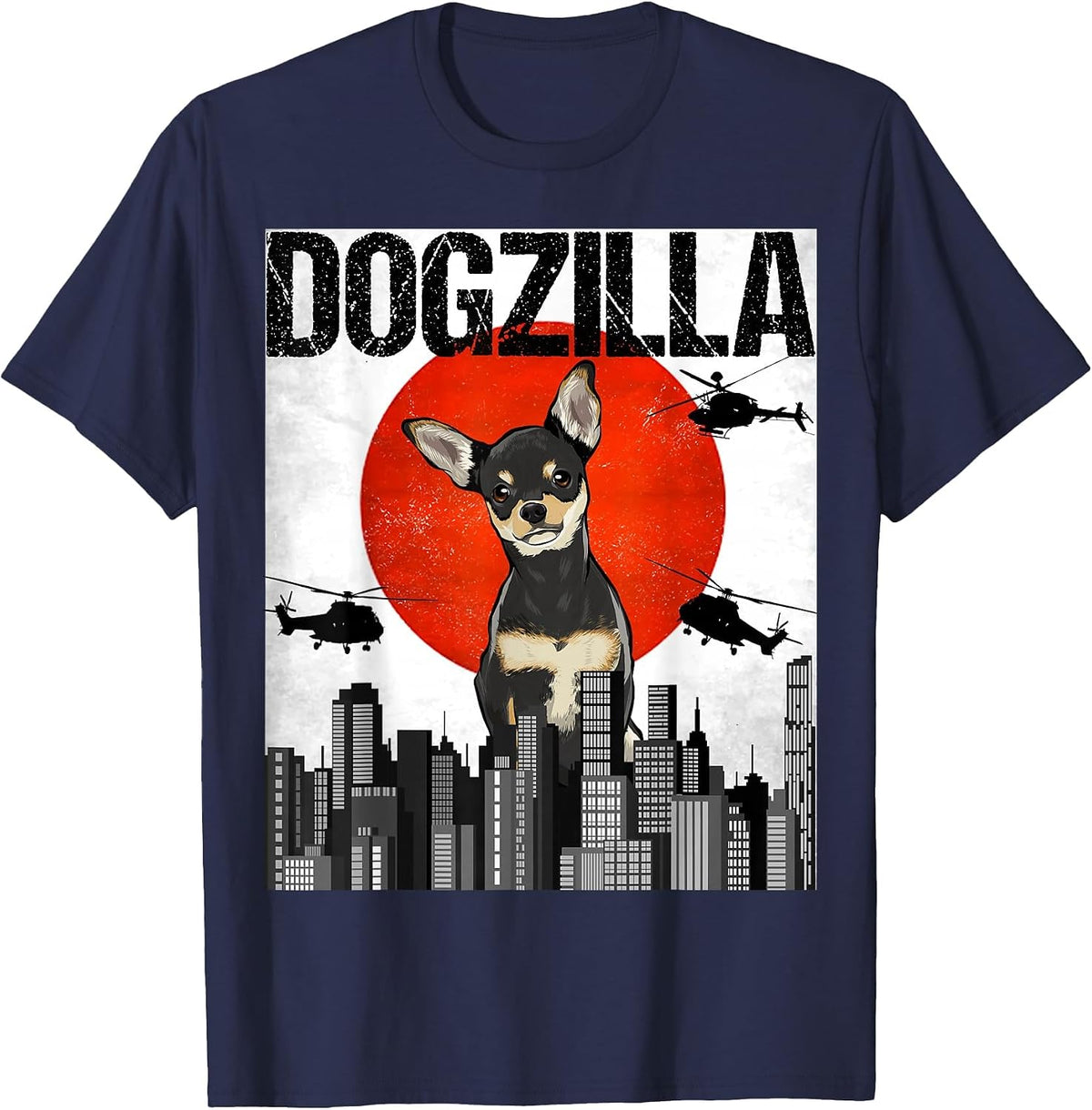 Funny Vintage Japanese Dogzilla Black Chihuahua T-Shirt - Navy Blue