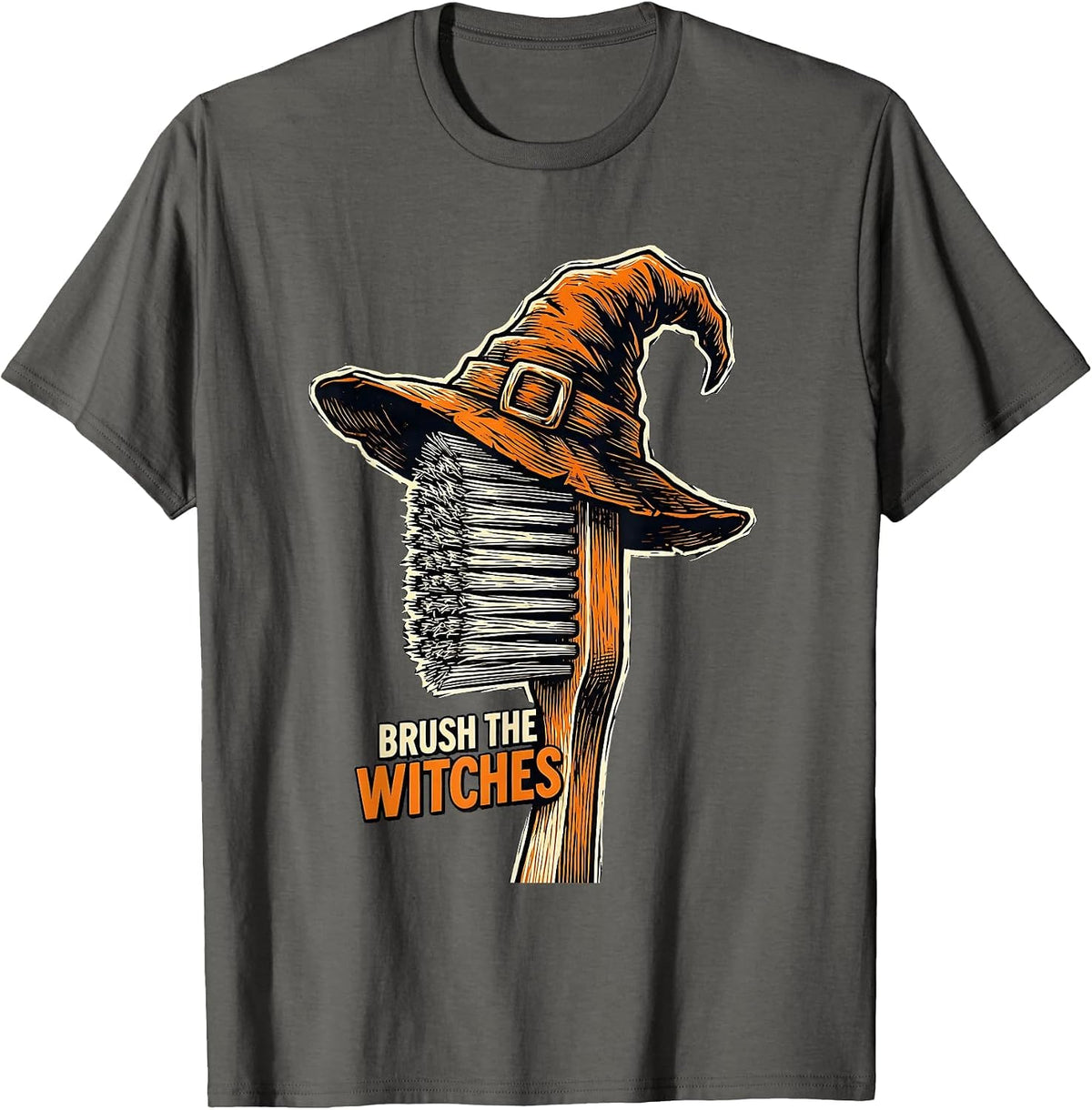 Men's Brush the Witches Linocut Funny Dental Halloween Costume T-Shirt - Asphalt Grey