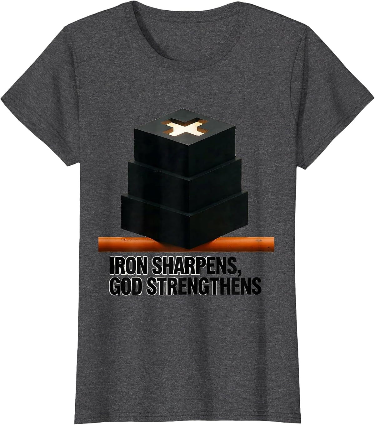Women's Iron Sharpens God Strengthens Brutalist Christian Gym T-Shirt - Dark Heather Grey