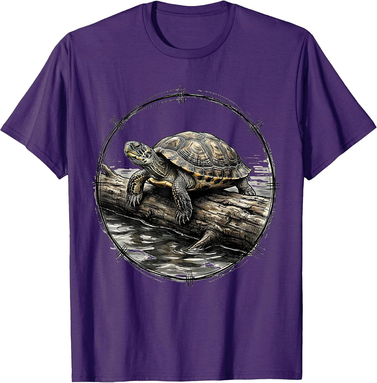Calm Turtle Resting on a Drifting Log T-Shirt - Purple