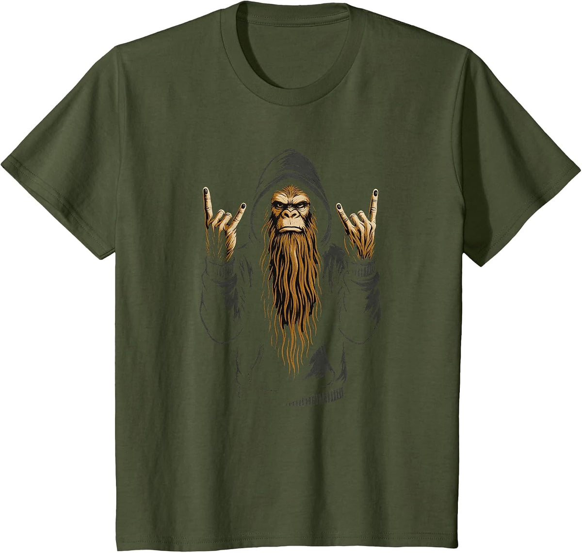 Rock On Bigfoot Sasquatch Funny Rocker, Rock and Roll Music T-Shirt - Olive Green