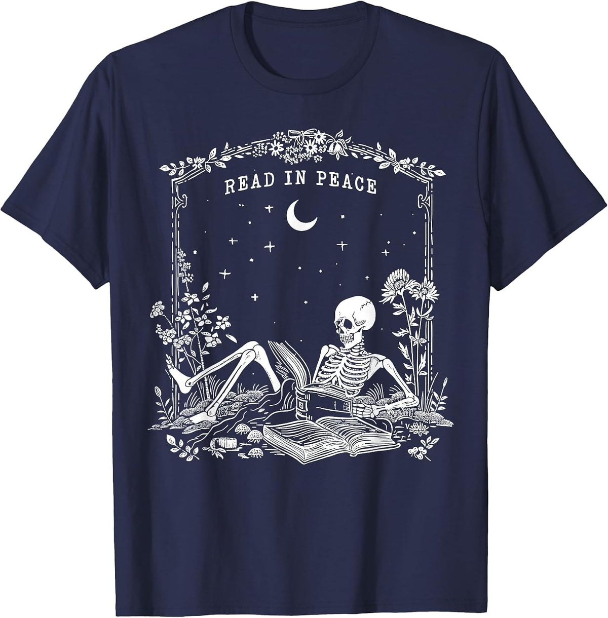 Read in Peace, Skeleton Reading Book Halloween Bookish T-Shirt - Navy Blue