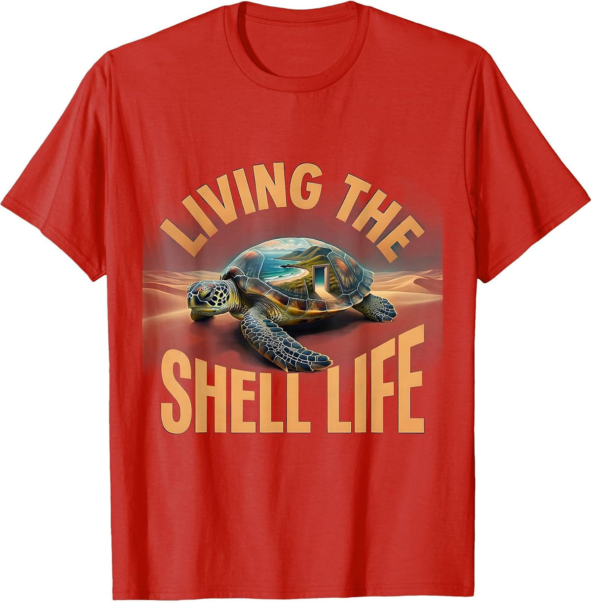 Men's Living the Shell Life Turtle Graphic Design T-Shirt - Red