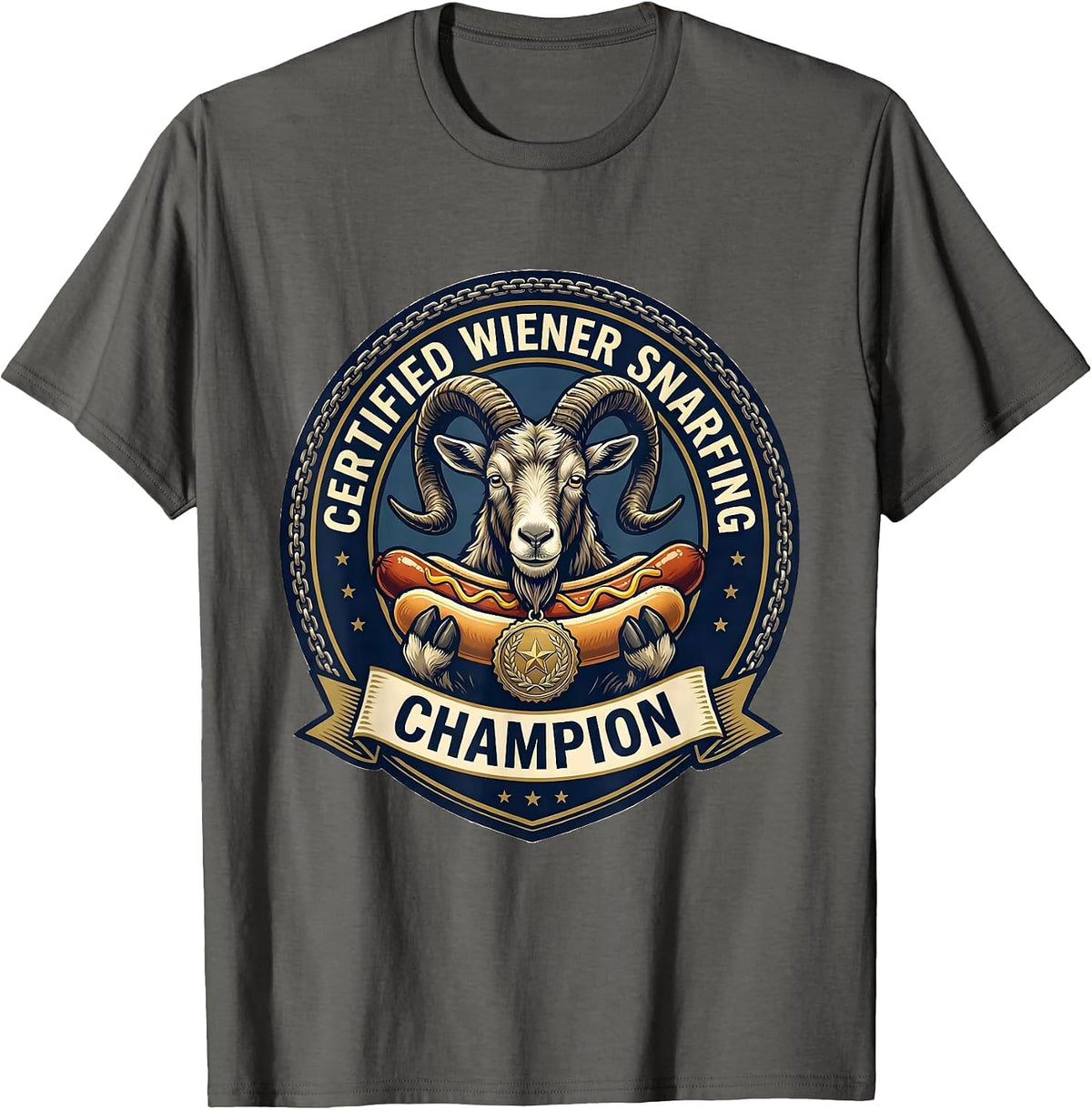 Men's Certified Wiener Snarfing Champion Funny Goat Offensive T-Shirt - Asphalt Grey