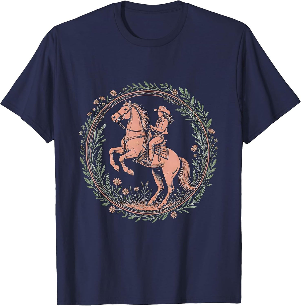 Cowgirl Silhouette Rearing Horse Rodeo Design T-Shirt - Navy Blue