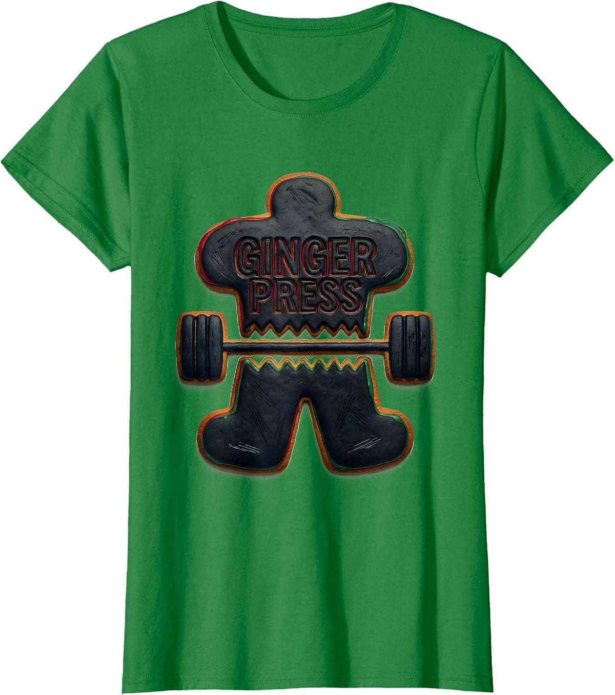 Women's Ginger Press Linocut Funny Gym Bodybuilding Christmas T-Shirt - Kelly Green