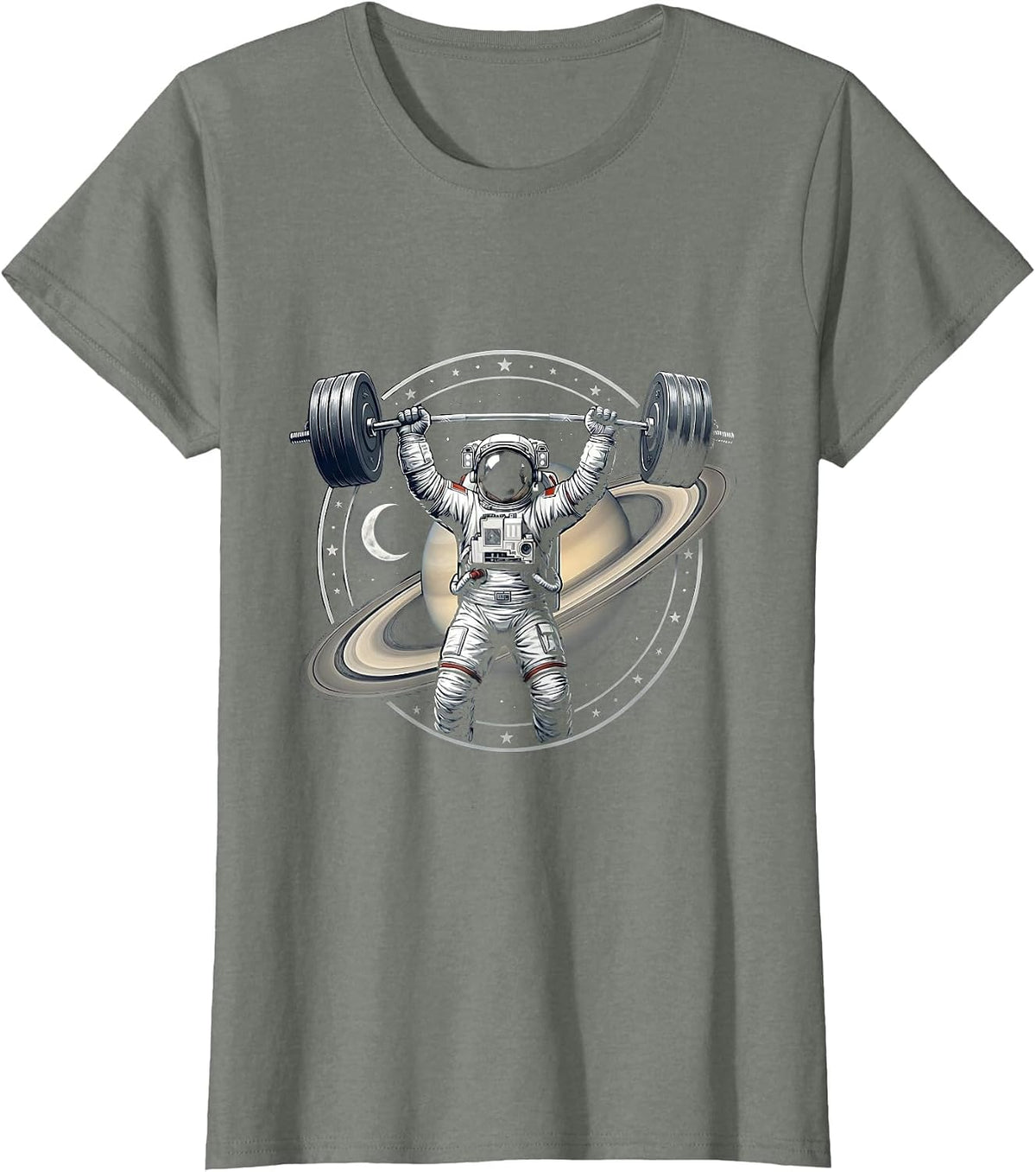 Astronaut Weightlifting in Space Gym Design T-Shirt - Olive Heather