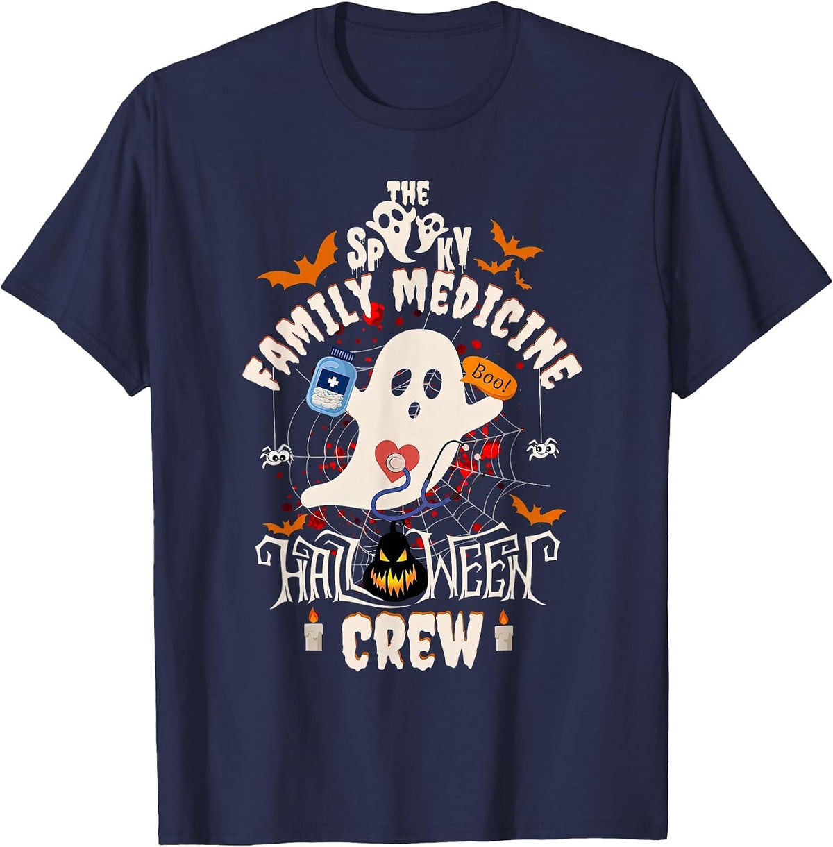 Spooky Family Medicine Halloween Crew Family Doctor CNA MA T-Shirt - Navy Blue