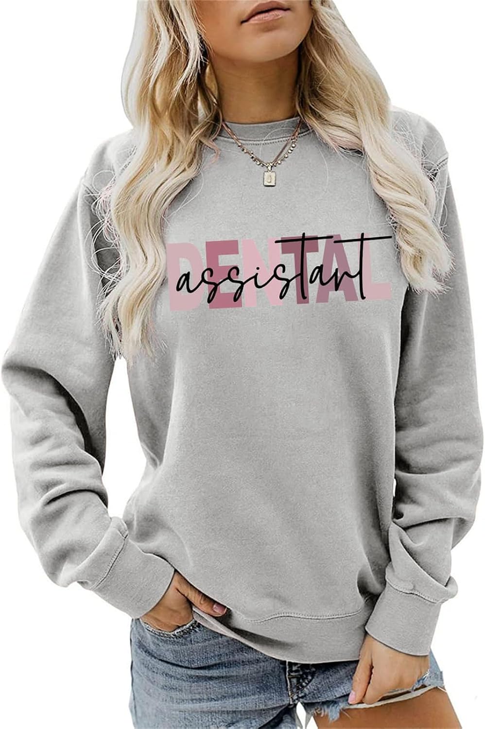 Dental Assistant Sweatshirt Dental Hygienist Sweater Dentist Shirt Women Casual Long Sleeve Funny Graphic Pullovers - Grey