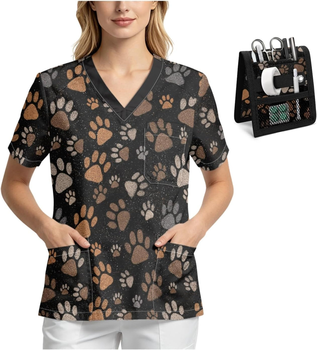 Breathable V-Neck Scrub Top with Nurse Pocket Organizer for Women - Paw Print
