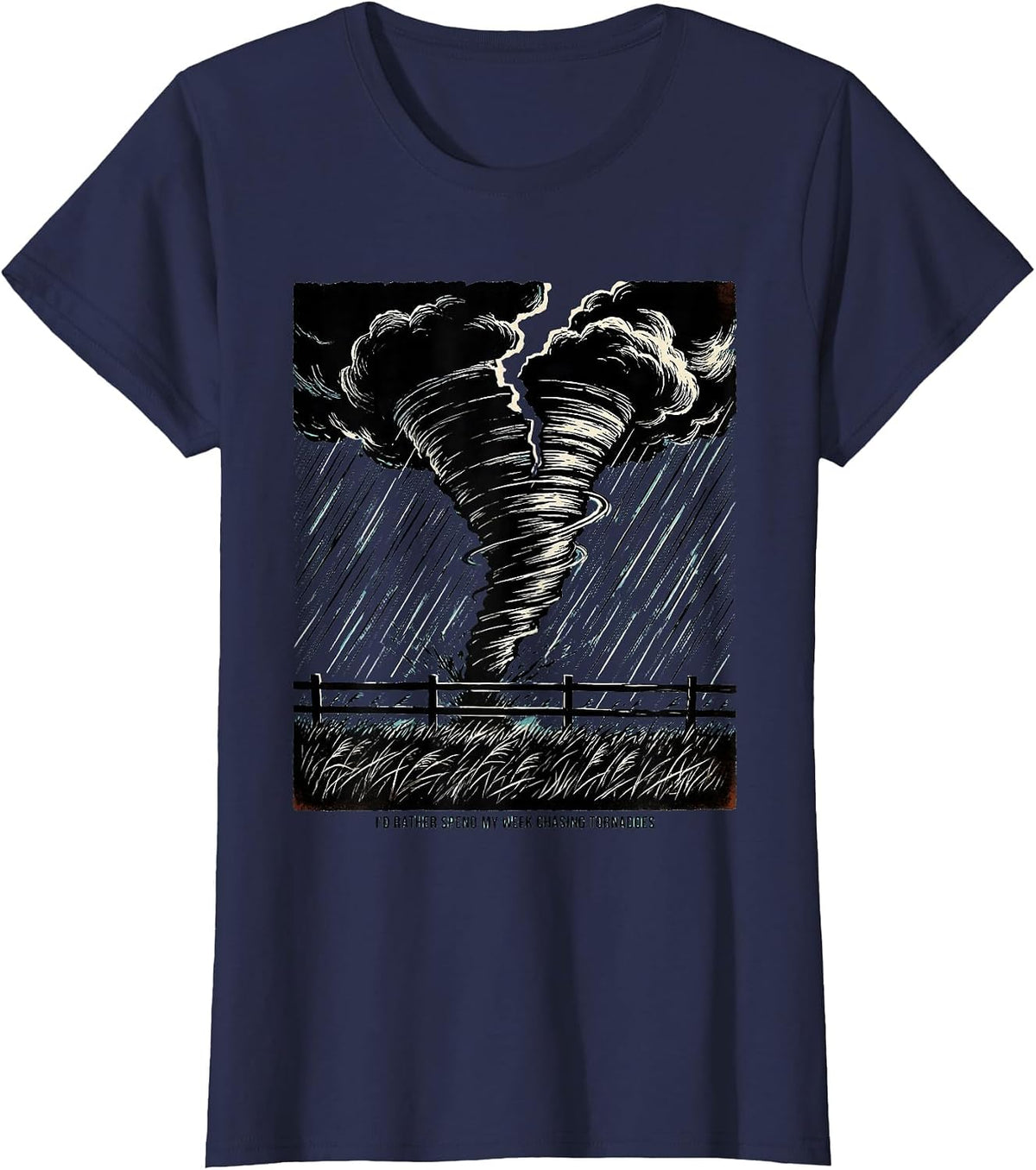 Women's I'd Rather Spend My Week Chasing Tornadoes Linocut T-Shirt - Navy Blue