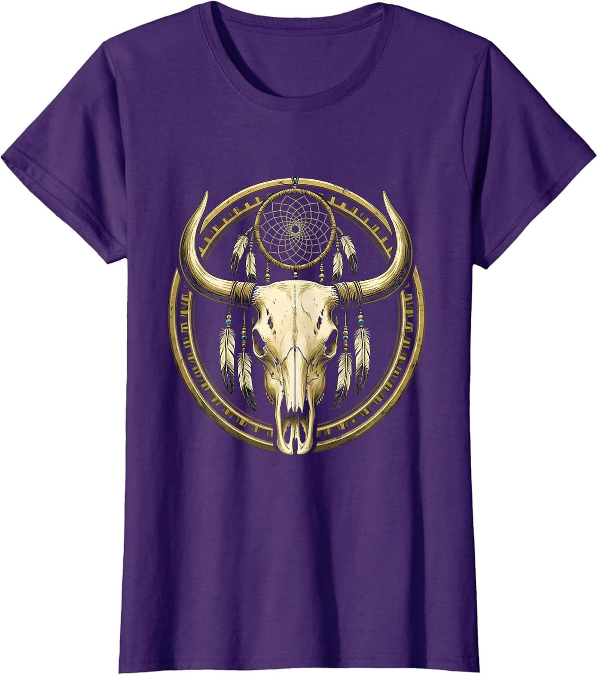 Women's Cow Skull Dreamcatcher Boho Western Graphic T-Shirt - Purple
