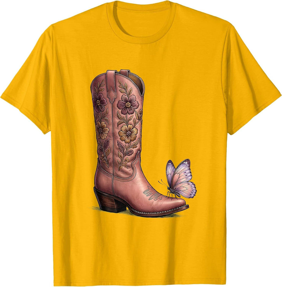 Pink Cowgirl Boot Butterfly Illustration T-Shirt - Golden Yellow