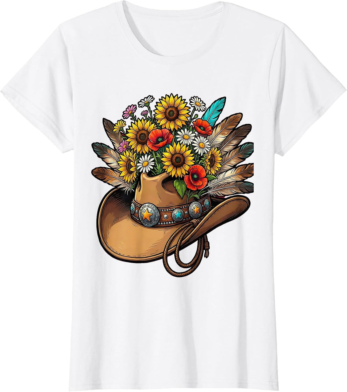 Cowboy Hat Wildflowers Feathers Western Design T-Shirt - White