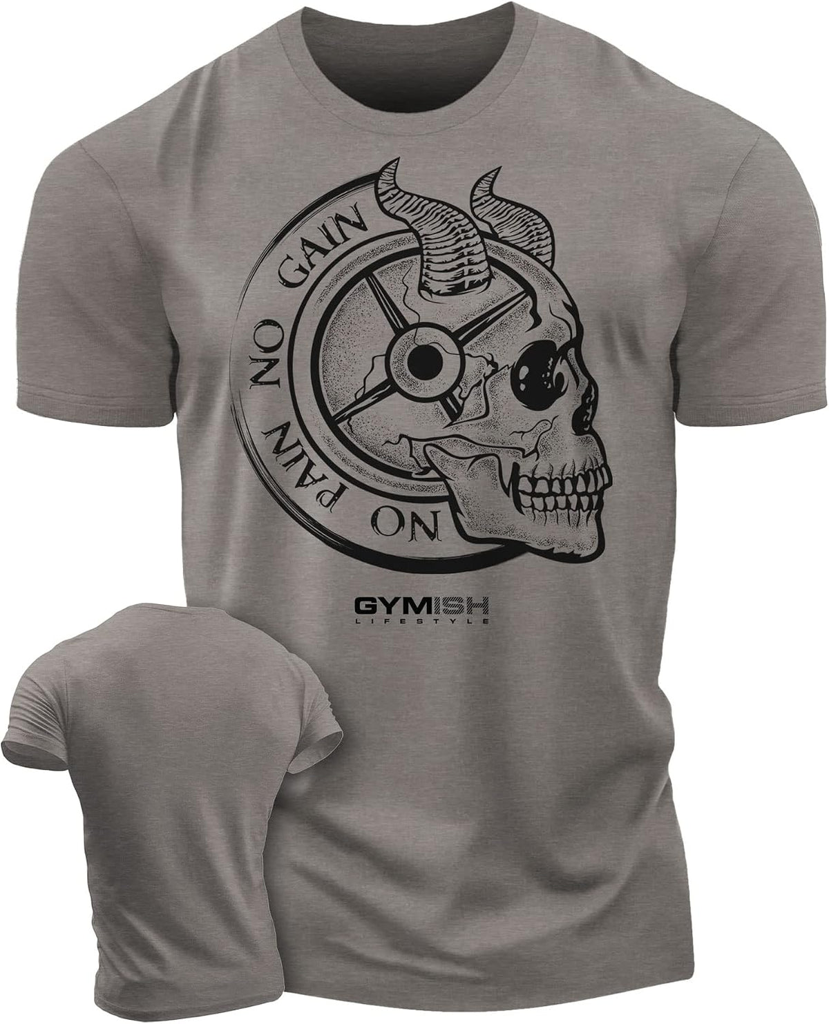 Gymish Lifestyle No Pain No Gain Skull Gym Lifting Motivation T-Shirts for Men - 3. No Pain Warm Grey