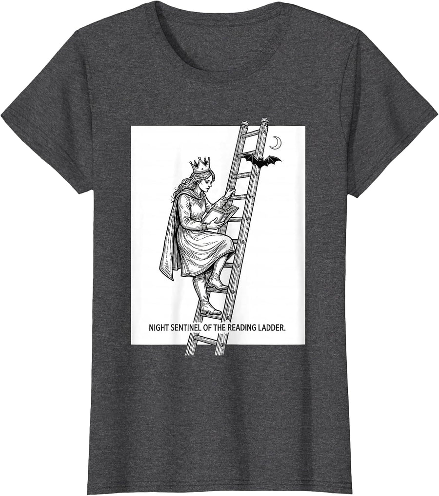 Women's Night Sentinel of the Reading Ladder Whimsical Bookworm T-Shirt - Dark Heather Grey