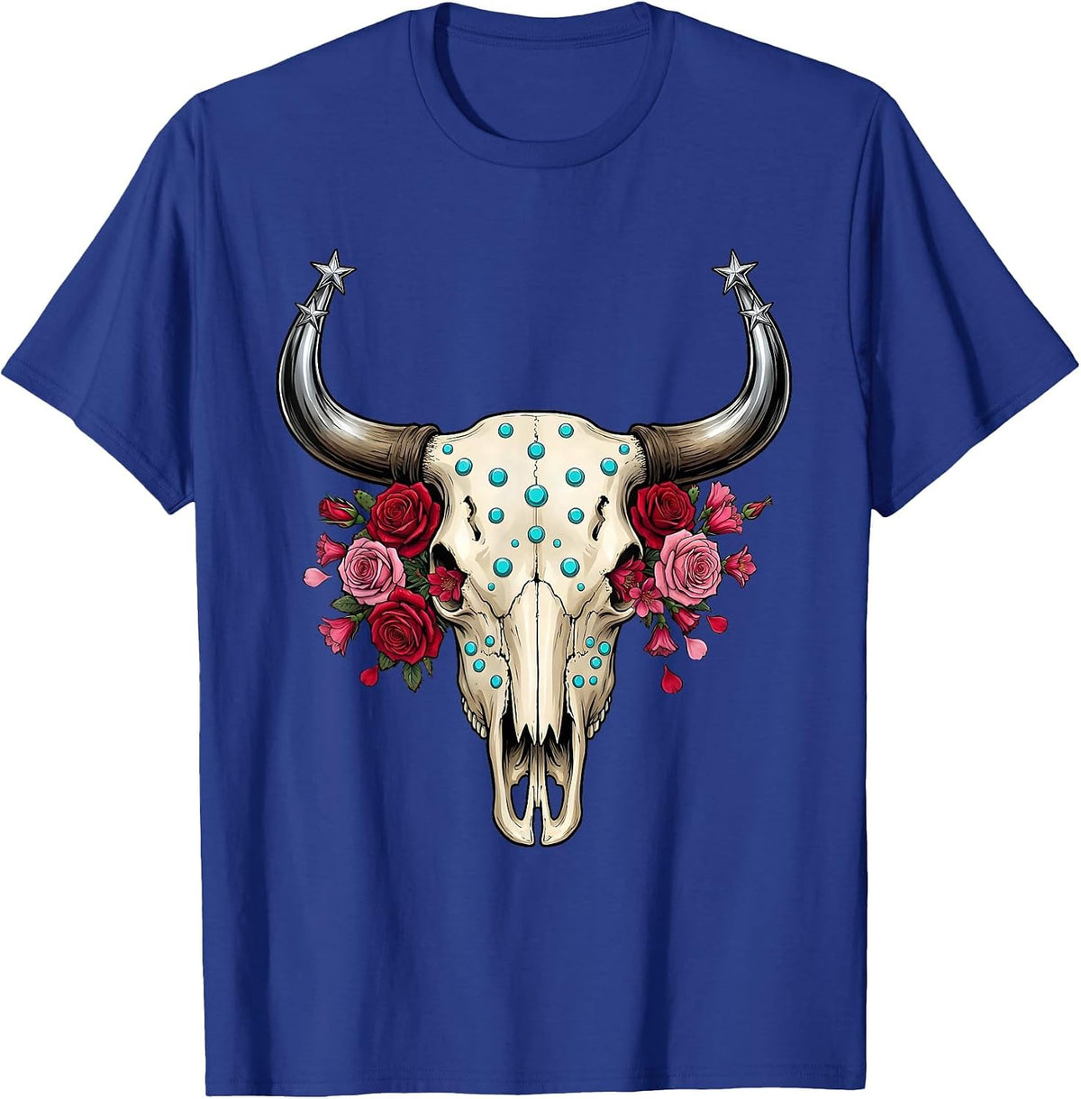 Bull Skull Desert Flowers Western Graphic Tee T-Shirt - Royal Blue