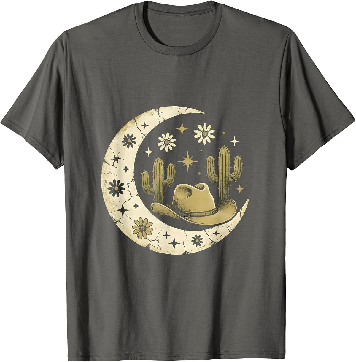 Western Cowgirl Hat Feather Cacti Graphic Design T-Shirt - Asphalt Grey