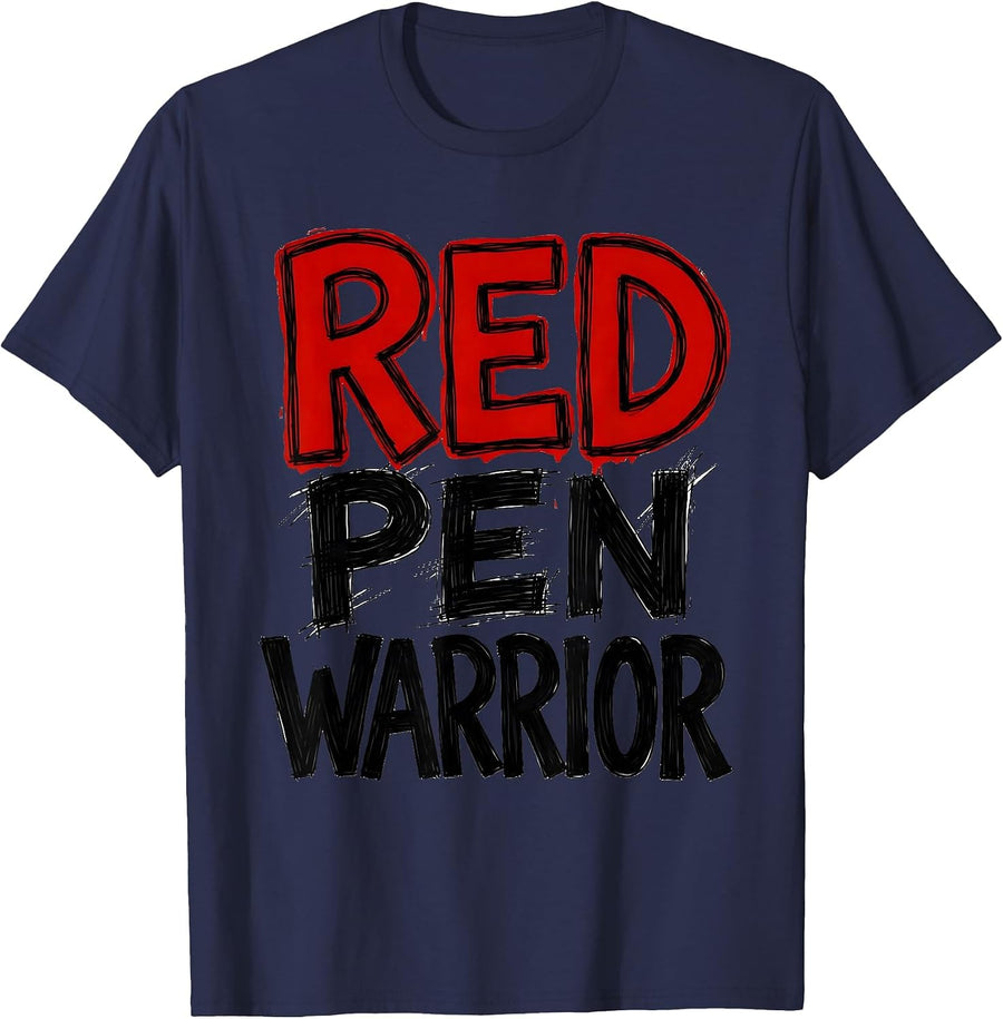 Red Pen Warrior English Teacher Design T-Shirt - Navy Blue