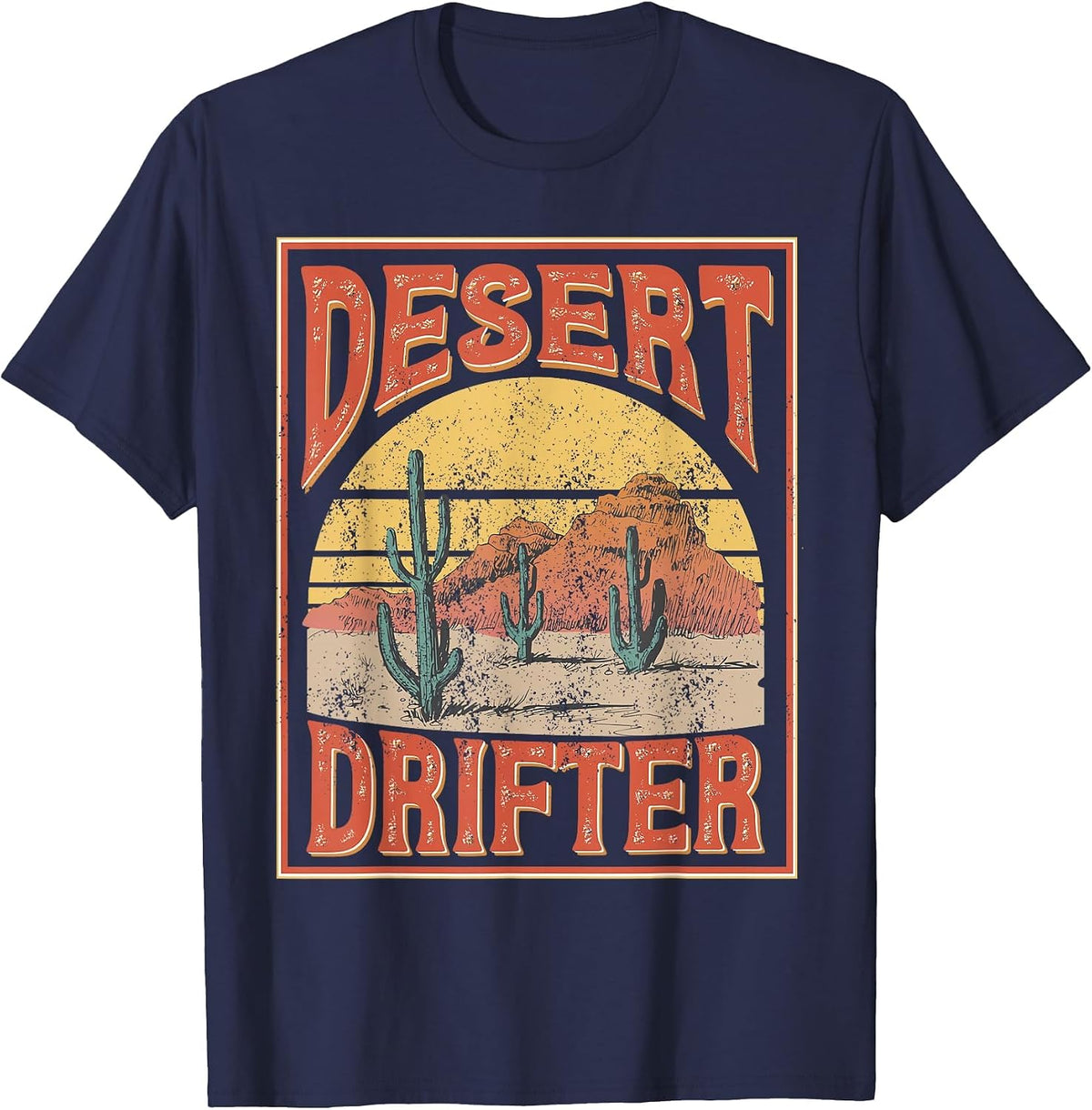 Western Country Boho Cactus Cowgirl Cowboy Desert Drifter T-Shirt - Navy Blue