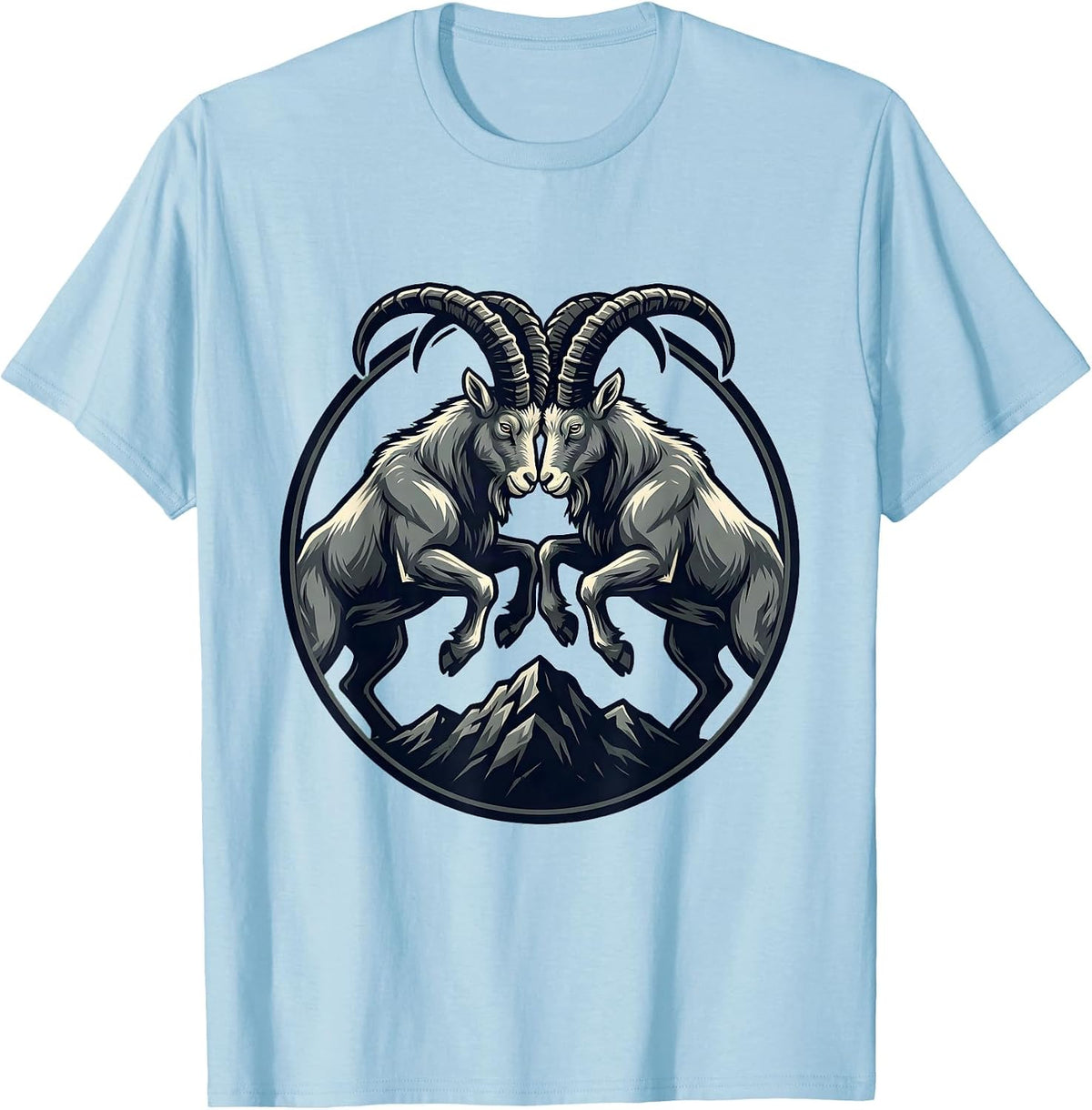 Men's Two Goats Clashing Horns on a Hilltop Graphic T-Shirt - Baby Blue