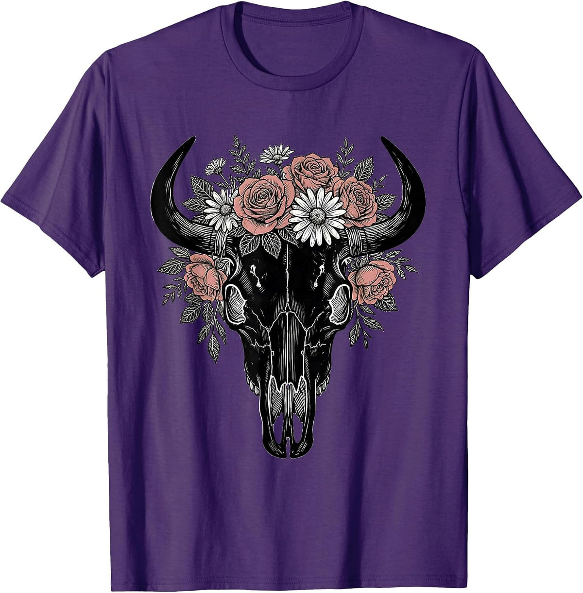 Men's Longhorn Skull Flower Crown Boho Western Graphic T-Shirt - Purple
