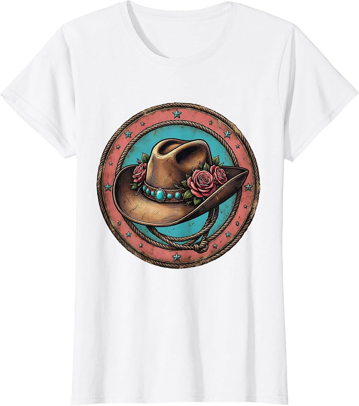 Cowgirl Hat Roses and Turquoise Rodeo Design T-Shirt - White