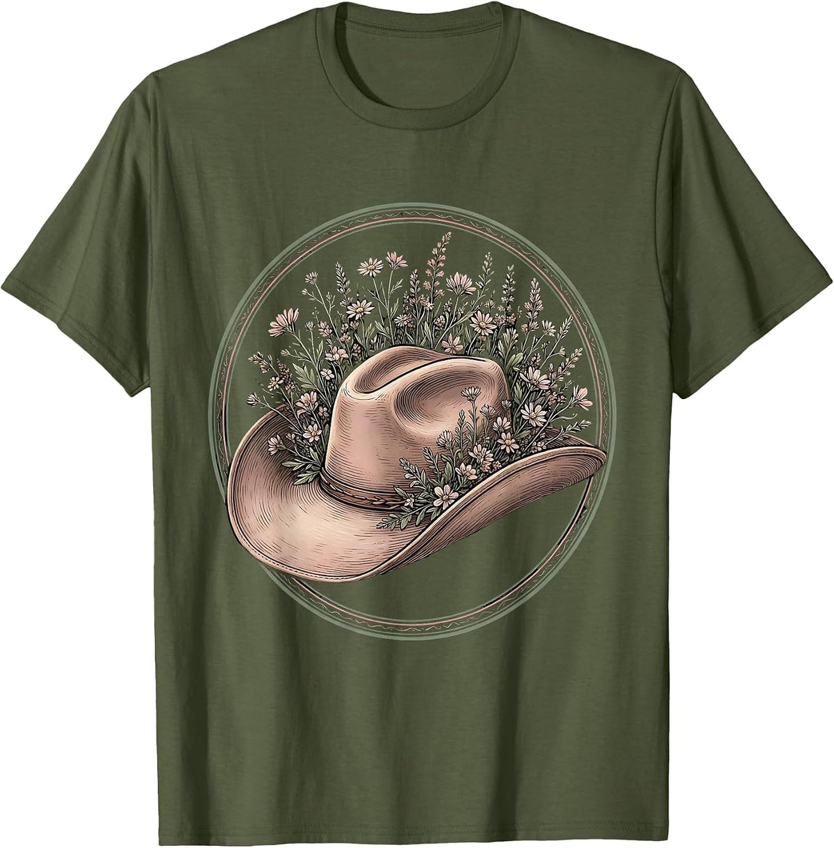 Cowgirl Hat Wildflowers Rodeo Illustration T-Shirt - Olive Green