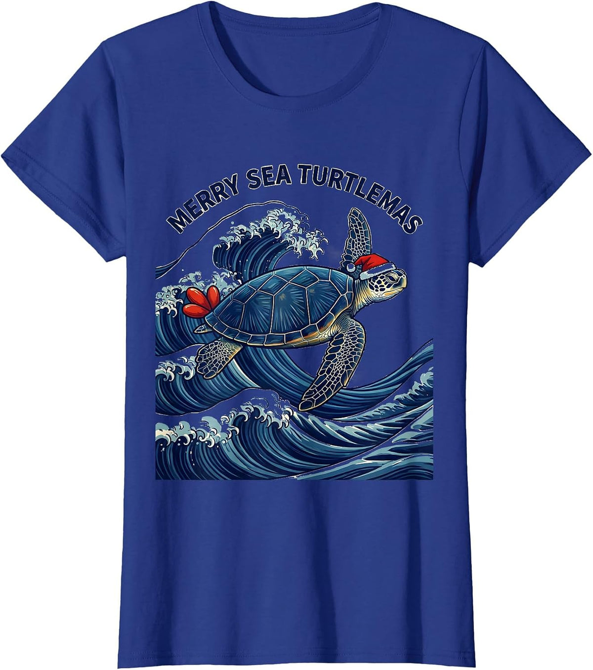 Women's Merry Sea Turtlemas Ukiyo-e Santa Hat Sea Turtle Lover T-Shirt - Royal Blue