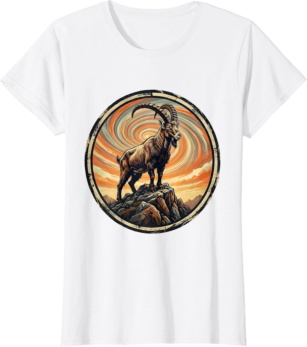 Mountain Goat Peak Tie Dye Sky Illustration T-Shirt - White