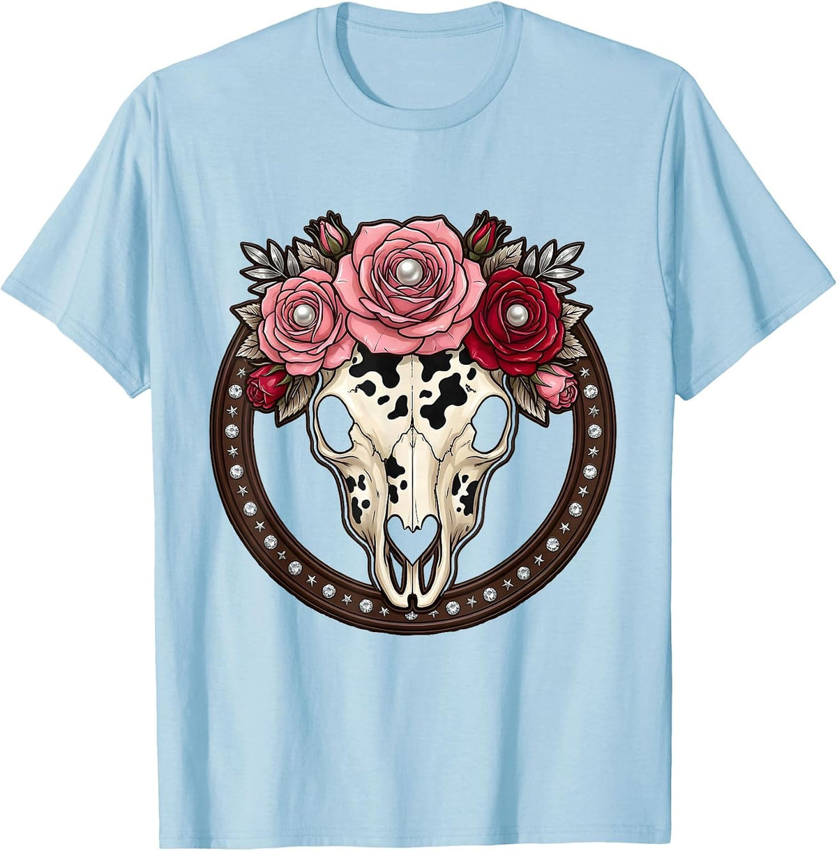 Men's Cow Print Floral Skull Boho Western Design T-Shirt - Baby Blue